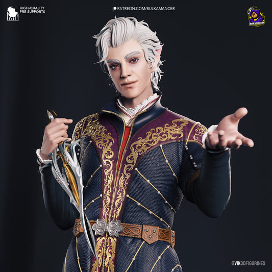 Astarion in full color, wearing a richly embroidered jacket with golden accents, holding a decorated dagger with an amused expression.