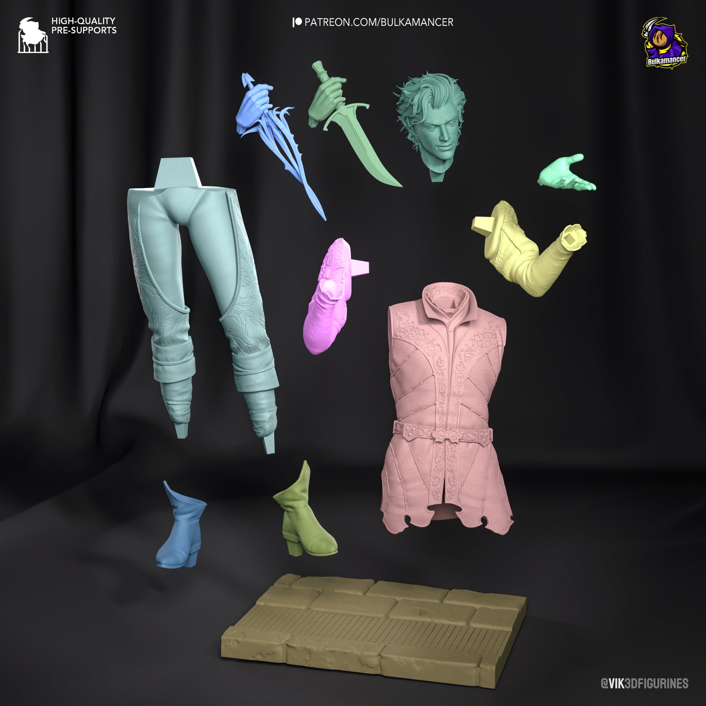 Astarion’s figure shown in separate components, including arms, legs, jacket, two head sculpts, and alternate daggers.