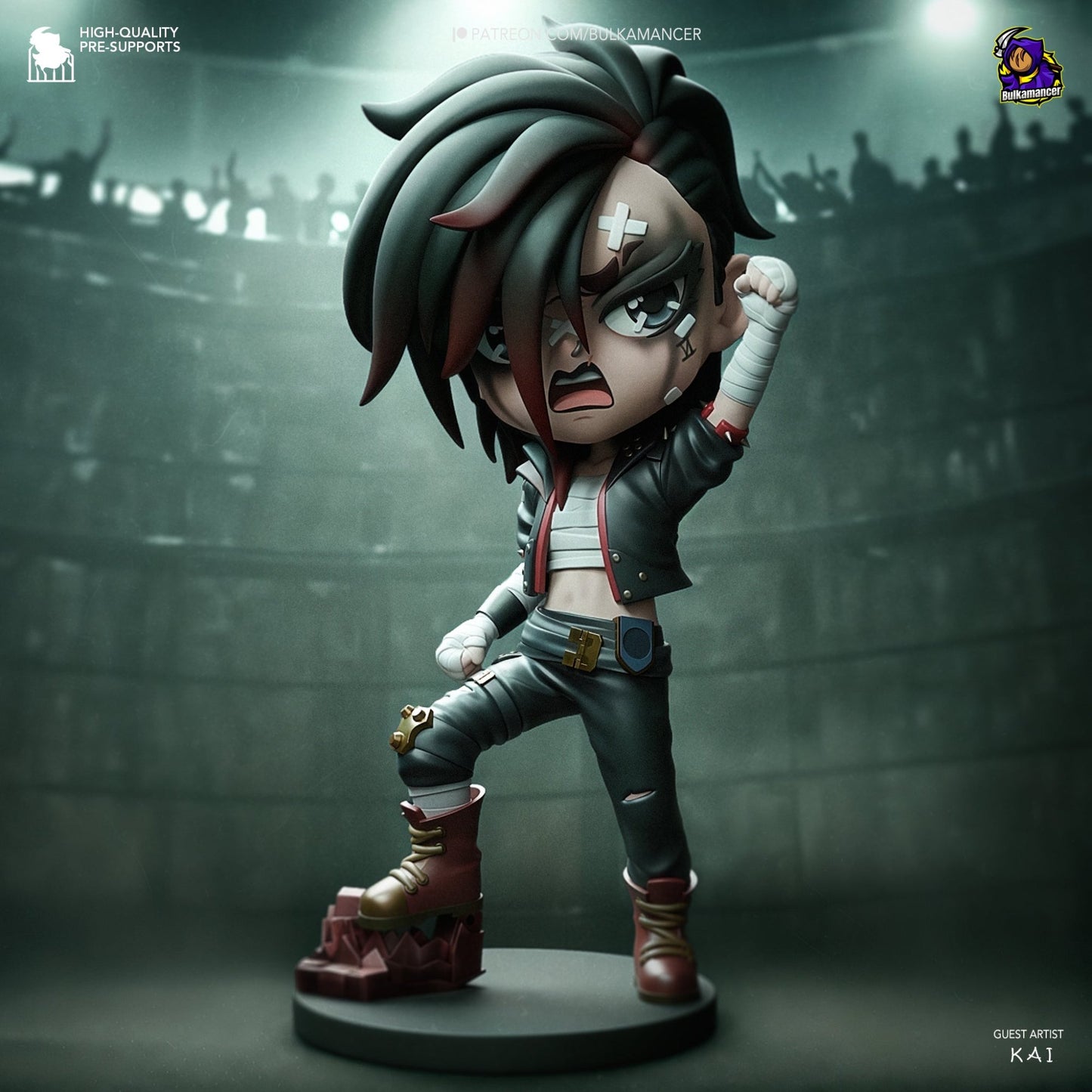 Chibi Vi figurine with a fierce expression, standing confidently with her iconic gauntlets in a stylized battle pose.