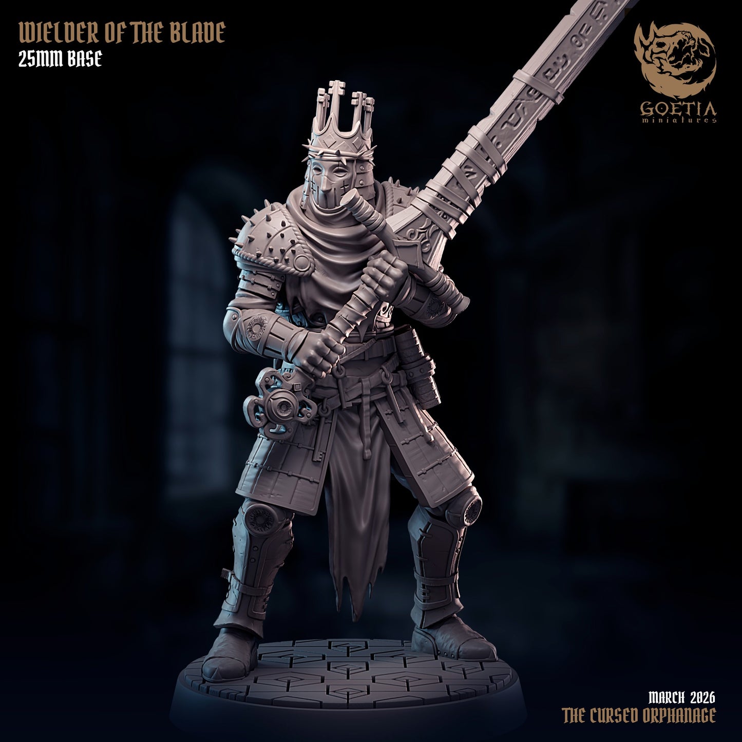 Wielder of the Blade human knight fighter resin tabletop miniature with giant runic greatsword spiked crown armor dark fantasy Dungeons and Dragons fighter miniature grimdark RPG model