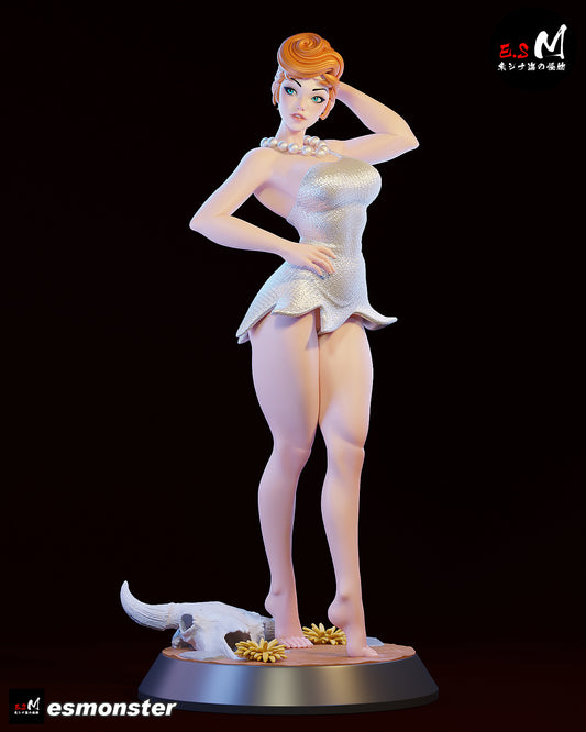 Wilma Flintstone 1:6 scale figure full body front view pin-up pose one-shoulder dress pearl necklace barefoot stone age base collectible statue