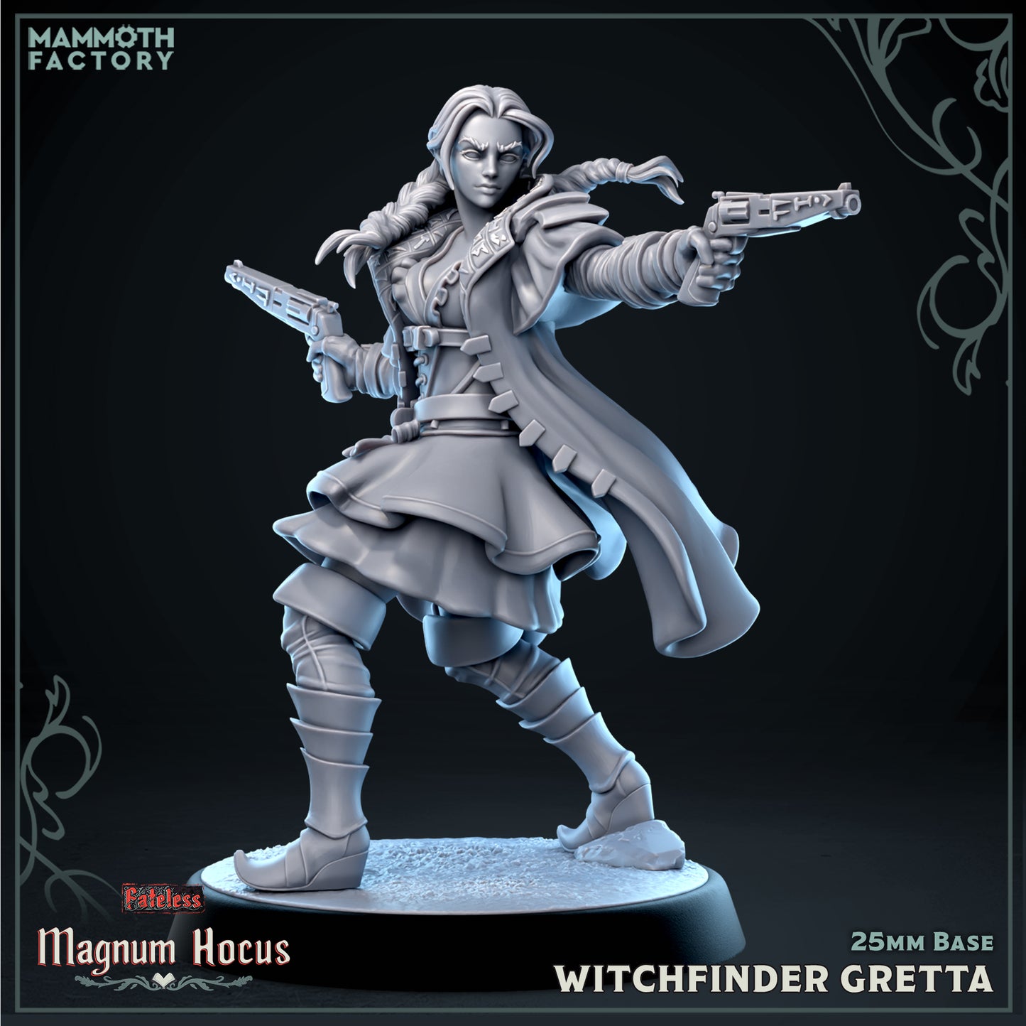 Witchfinder Gretta dual-wielding monster hunter resin miniature with rune-etched pistols from Magnum Hocus by Mammoth Factory on 25mm base