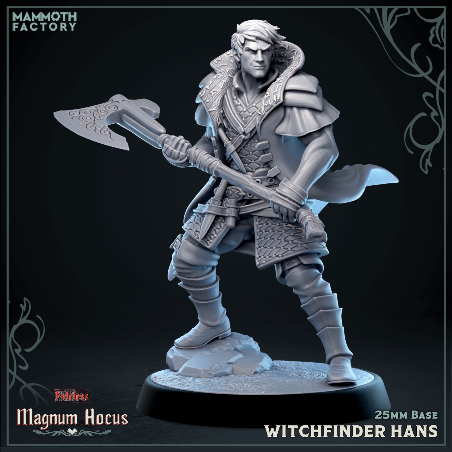 Witchfinder Hans monster hunter resin miniature wielding ornate axe from Magnum Hocus by Mammoth Factory on 25mm base