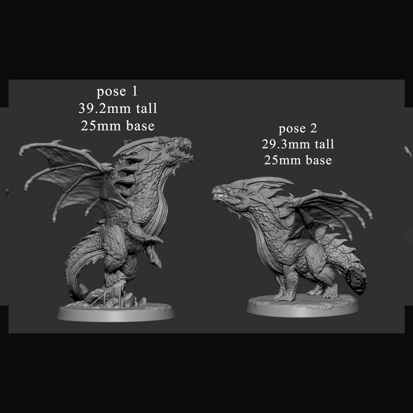Collage showing three angles of the Young White Dragon miniature in a prowling stance with wings tucked low and head extended, set on an icy 25mm base.