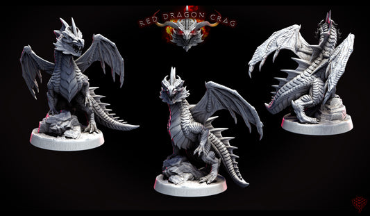 Painted Young Red Dragon collectible miniatures for RPG campaigns, depicting dragons standing on rocks with wings raised, posed in three different angles on round bases.