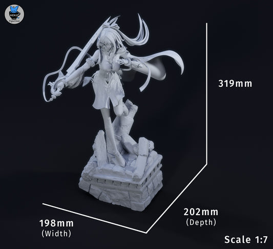 Zero Drakengard 1:7 scale resin statue dimensions render with ruined stone base and oversized sword collectible figure