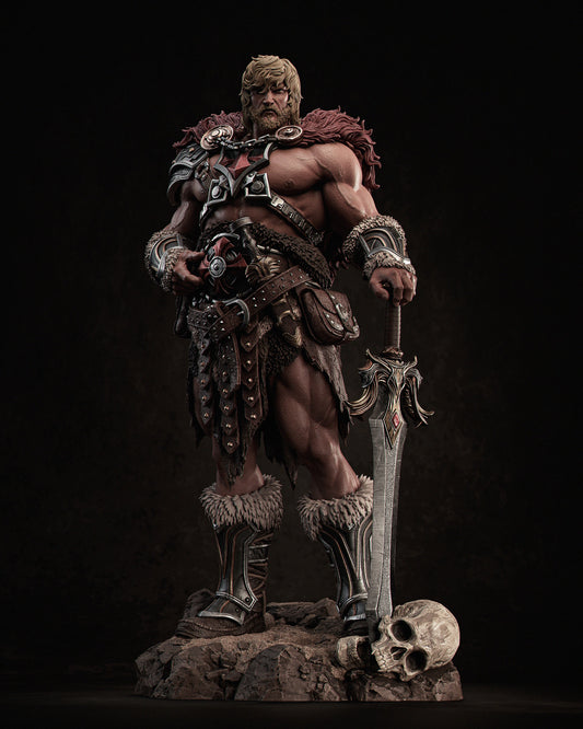 Digital sculpt render of He-Man collectible showing model segmentation with Power Sword, fur cape, and layered armor before texturing and coloring.