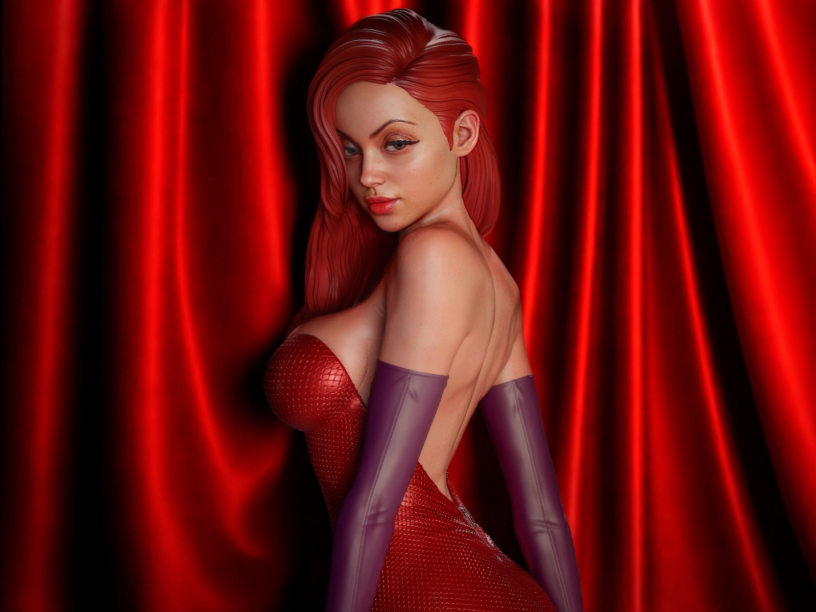 Jessica Rabbit figure in red gown and purple gloves, looking over her shoulder in front of a red curtain backdrop.