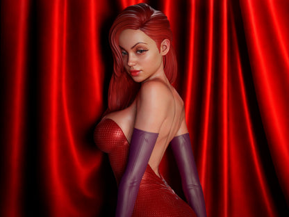 Jessica Rabbit figure in red gown and purple gloves, looking over her shoulder in front of a red curtain backdrop.