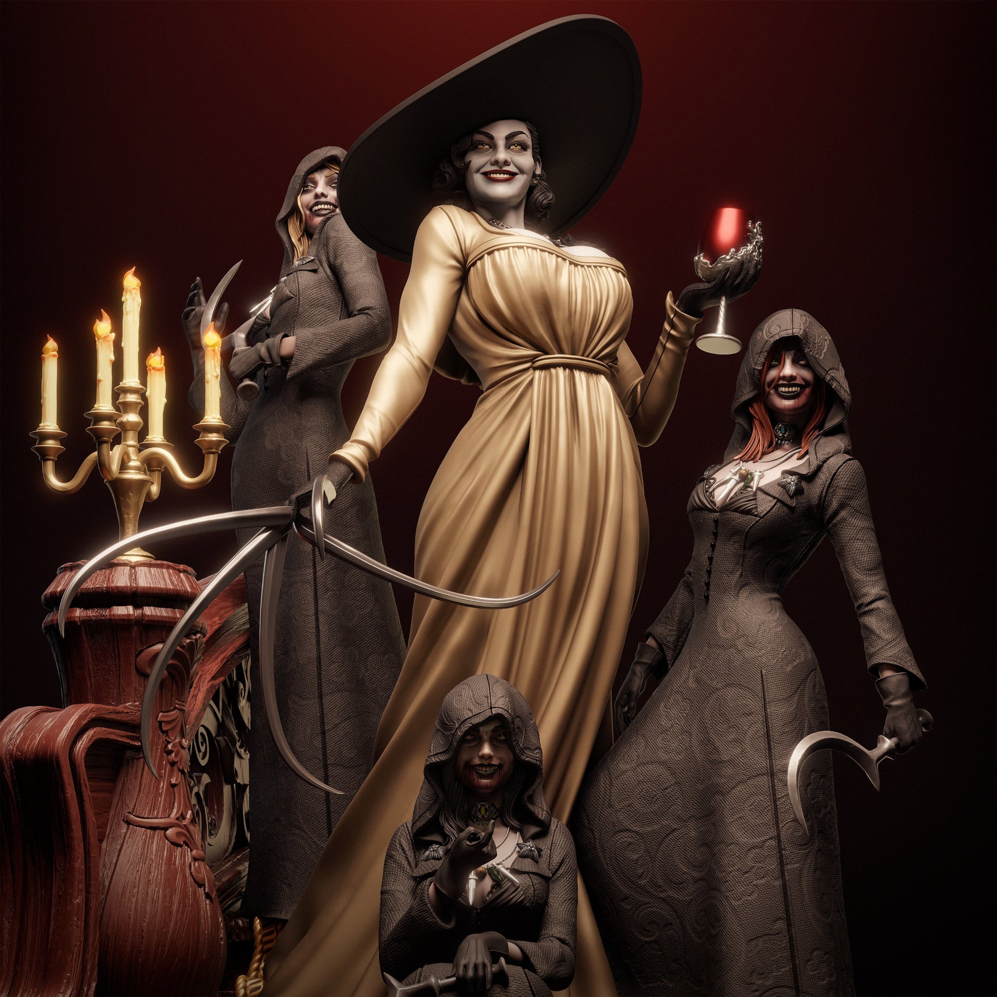Lady Dimitrescu and Sisters Resident Evil 1:6 figure painted scene with Lady Dimitrescu centered, daughters posed around staircase, lit candelabra, and red backdrop.