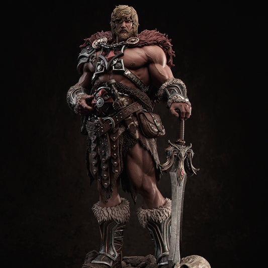 Digital sculpt render of He-Man collectible showing model segmentation with Power Sword, fur cape, and layered armor before texturing and coloring.