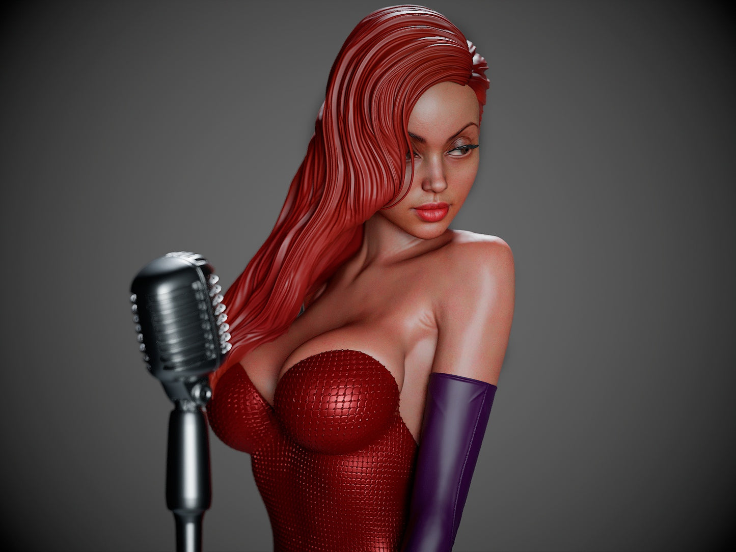Close-up view of Jessica Rabbit bust holding a mic, showing sculpted detail in dress and gloves.