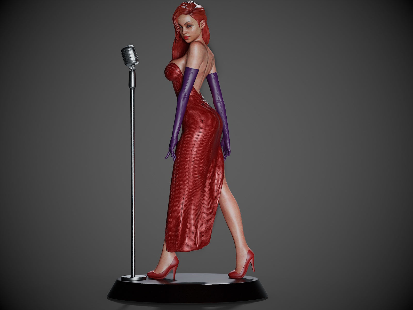 Full body collectible of Jessica Rabbit in red dress and heels, posed beside a classic microphone stand.