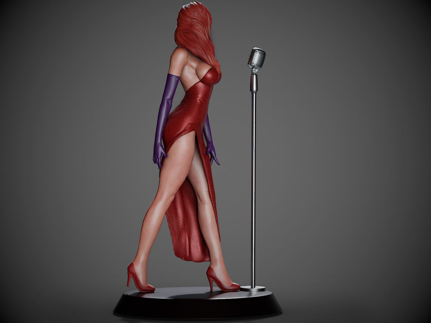 Jessica Rabbit posed mid-walk beside a mic stand, showcasing flowing dress and high heels.