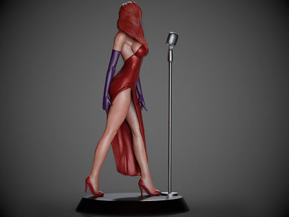 Jessica Rabbit posed mid-walk beside a mic stand, showcasing flowing dress and high heels.