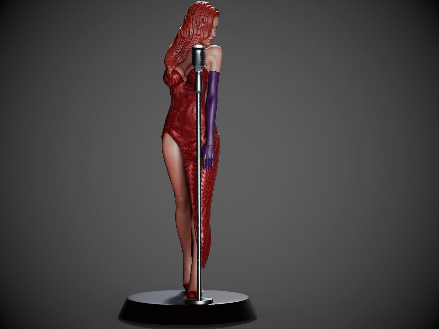 Front-facing pose of Jessica Rabbit standing behind a microphone, with her body mostly obscured.