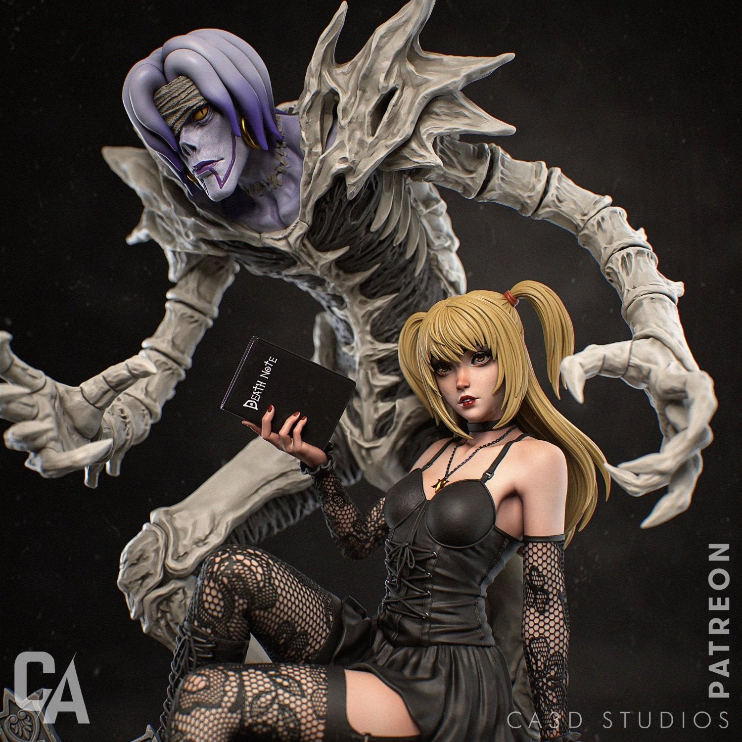 Close-up of Misa Amane holding a book with Ryuk standing in the background.