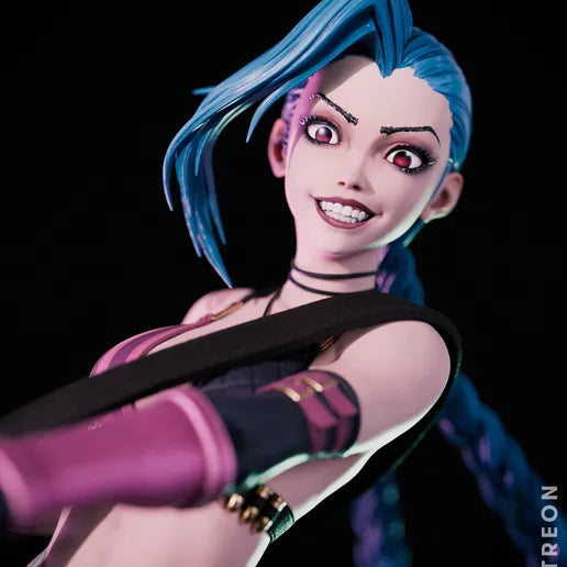 Close-up of Jinx's face, emphasizing her maniacal grin, makeup, and vibrant hairstyle.