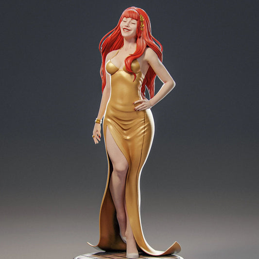 Full-figure front view of Mary Jane Watson 1:4 scale collectible figure wearing a gold dress with a thigh-high slit, smiling confidently, inspired by Marvel Comics’ Hellfire Gala.