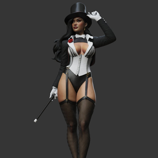 Front view of Zatanna 1:4 scale collectible figure from DC Comics, posed with a magic wand, wearing her tuxedo corset, top hat, and fishnet stockings on a circular display base.