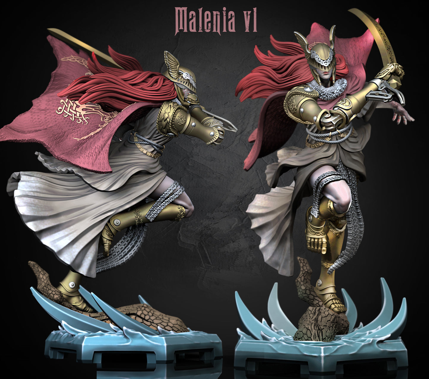 Malenia inspired miniature dual-view render showing female armored swordmaster with winged helm, flowing cape, ornate armor plating, curved greatblade, and dynamic leaping pose over a thorn-like base; ideal for use in Dungeons and Dragons and Pathfinder fantasy settings.