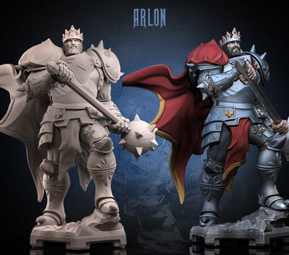 Arlon The Silver Emperor miniature dual-view render showing an armored king with crown, cape, plate armor, and large spiked mace, posed on a rocky base; suitable for D&D and Pathfinder fantasy settings