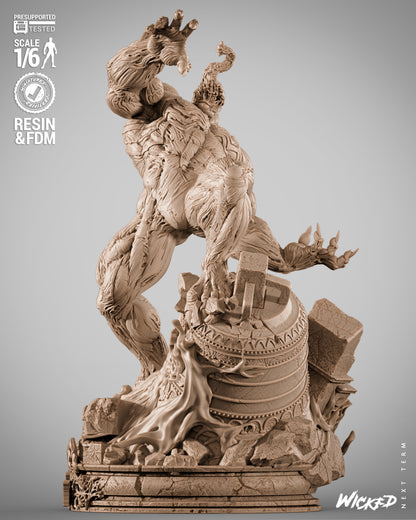 Venom 1:6 scale statue rear angle showing sinewy back anatomy, symbiote texture detail, rubble base and tendrils