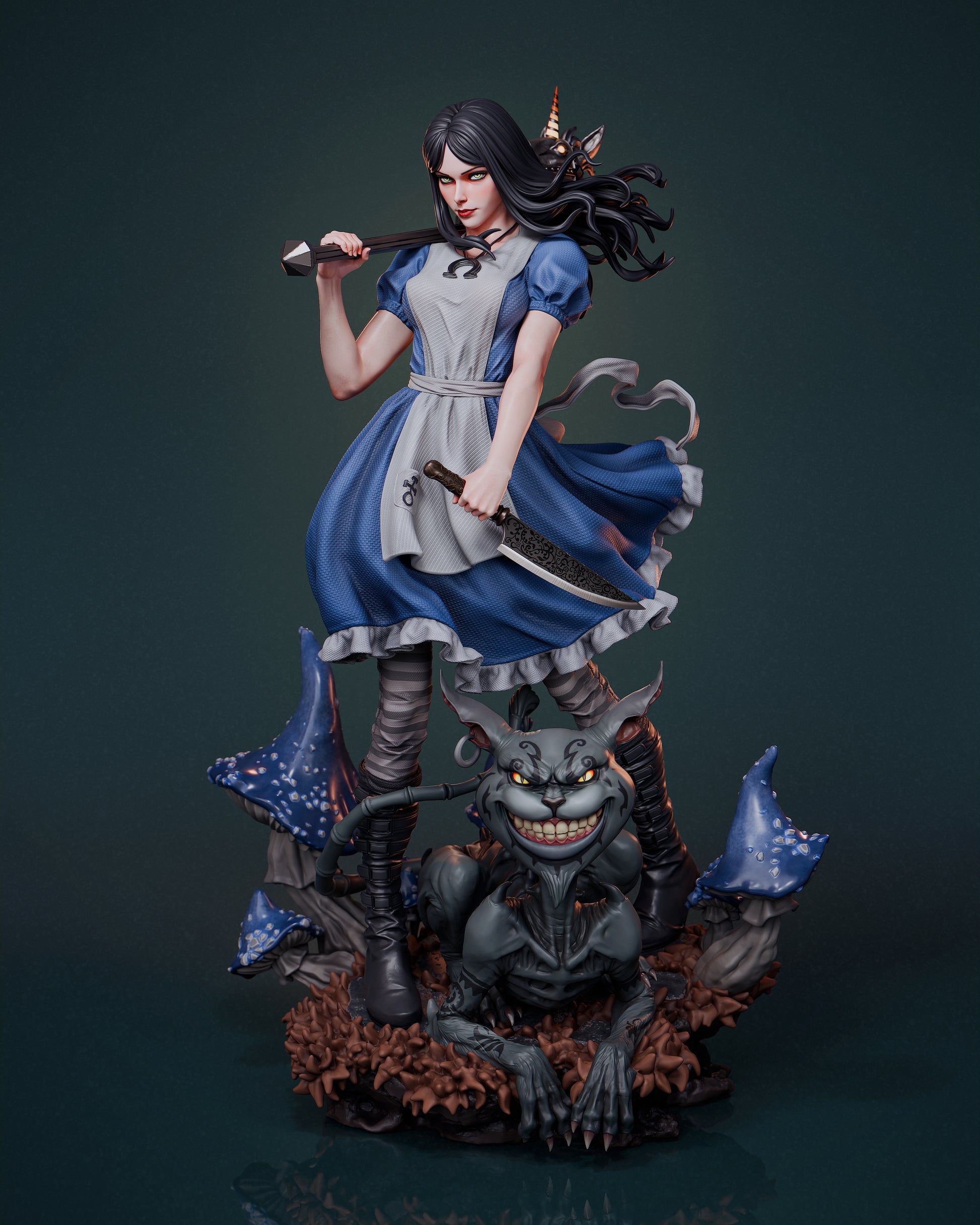 Alice Liddell rear view – collectible statue showing flowing dress, hobby horse weapon, and mushroom base details.