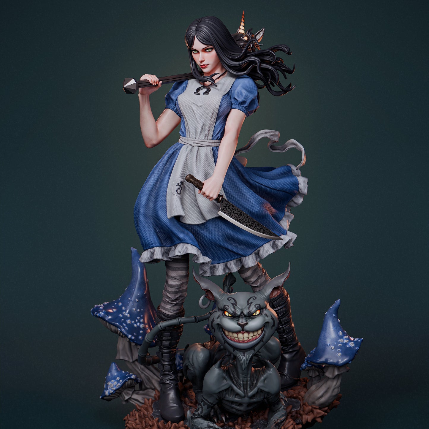 Alice Liddell figure blue dress – 1:6 scale collectible from Alice: Madness Returns with Vorpal Blade and Cheshire Cat base.