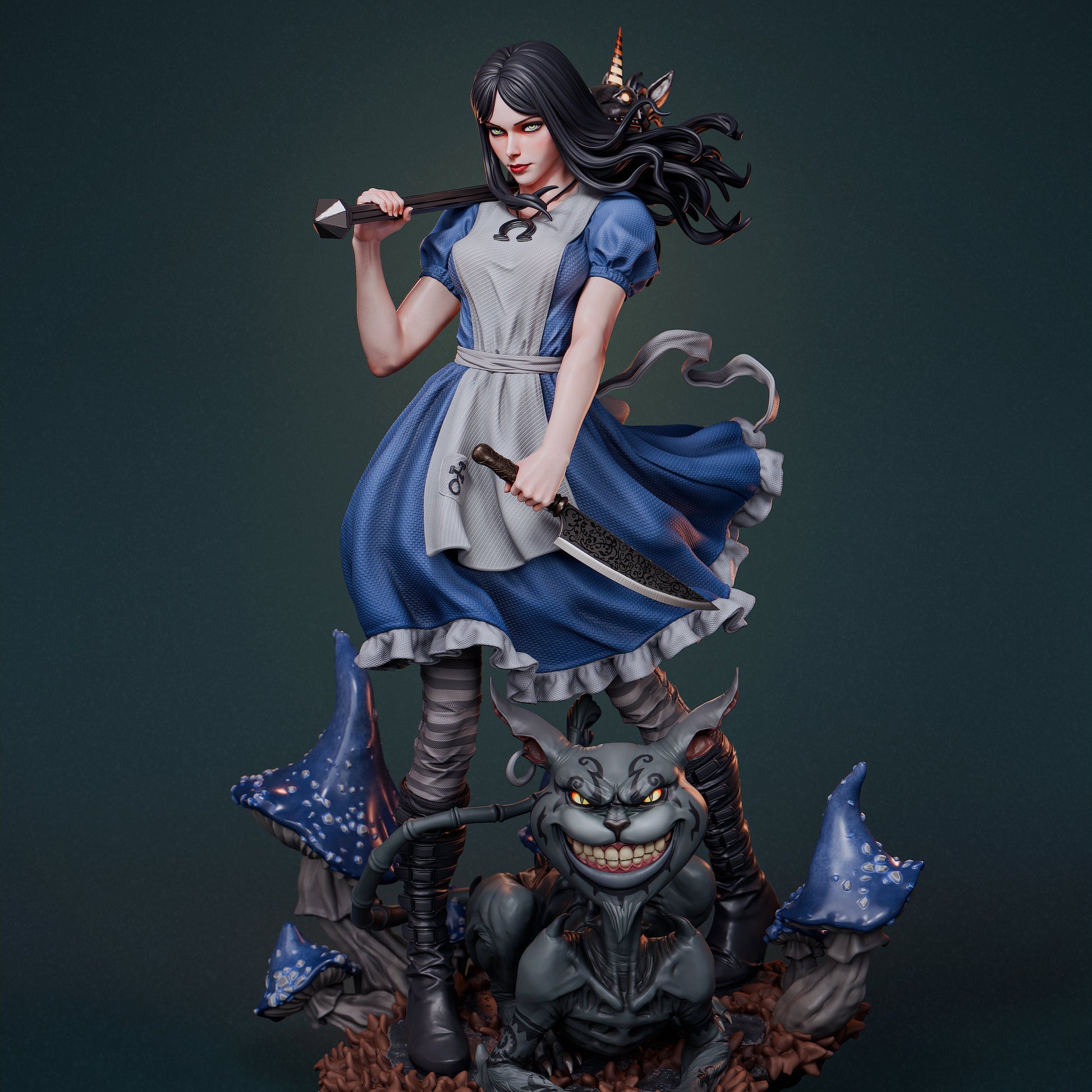 Alice Liddell figure blue dress – 1:6 scale collectible from Alice: Madness Returns with Vorpal Blade and Cheshire Cat base.