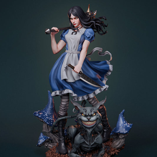 Alice Liddell figure blue dress – 1:6 scale collectible from Alice: Madness Returns with Vorpal Blade and Cheshire Cat base.