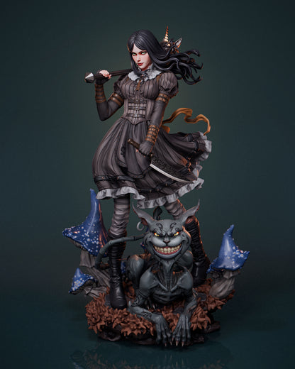 Alice Liddell brown dress variant – 1:6 scale collectible featuring alternate gothic outfit and grinning Cheshire Cat companion.