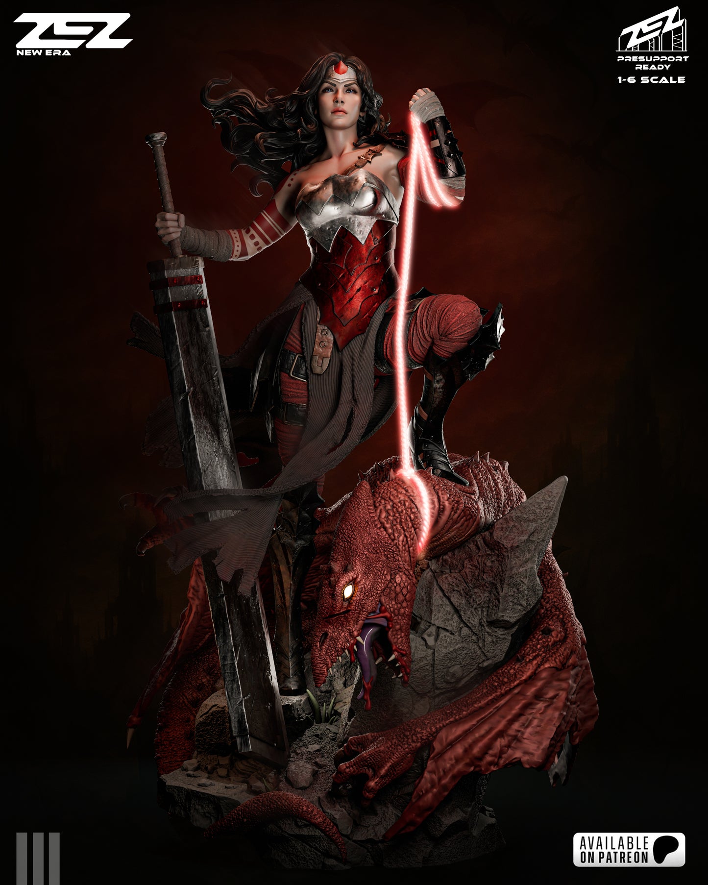 Full front view of Absolute Wonder Woman standing on a slain red dragon, holding her sword and glowing lasso.