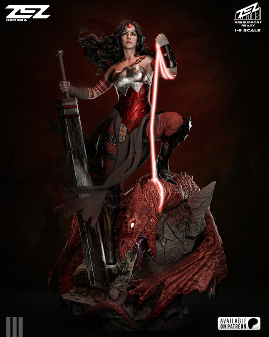Full front view of Absolute Wonder Woman standing on a slain red dragon, holding her sword and glowing lasso.