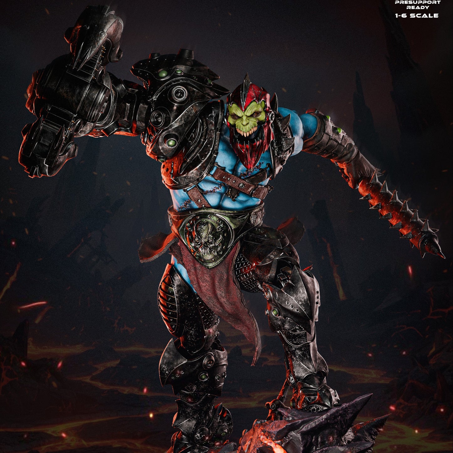Trapjaw painted render 1:6 scale figure, cyborg brute with metal shoulder armor, mechanical gauntlet, spiked mace arm, muscular torso, dynamic combat stance, rocky lava base