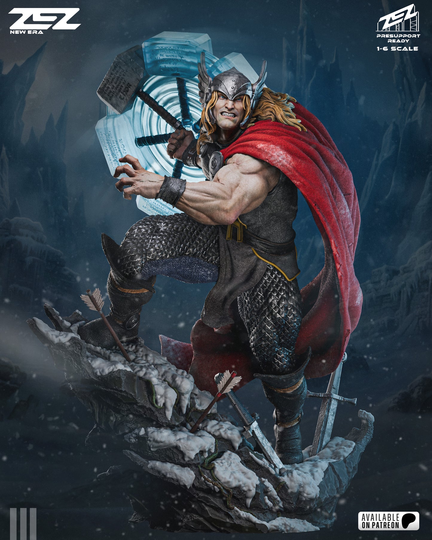 Thor God of Thunder 1:6 scale Marvel figure holding spinning hammer, dynamic battle pose with flowing cape and rocky terrain base