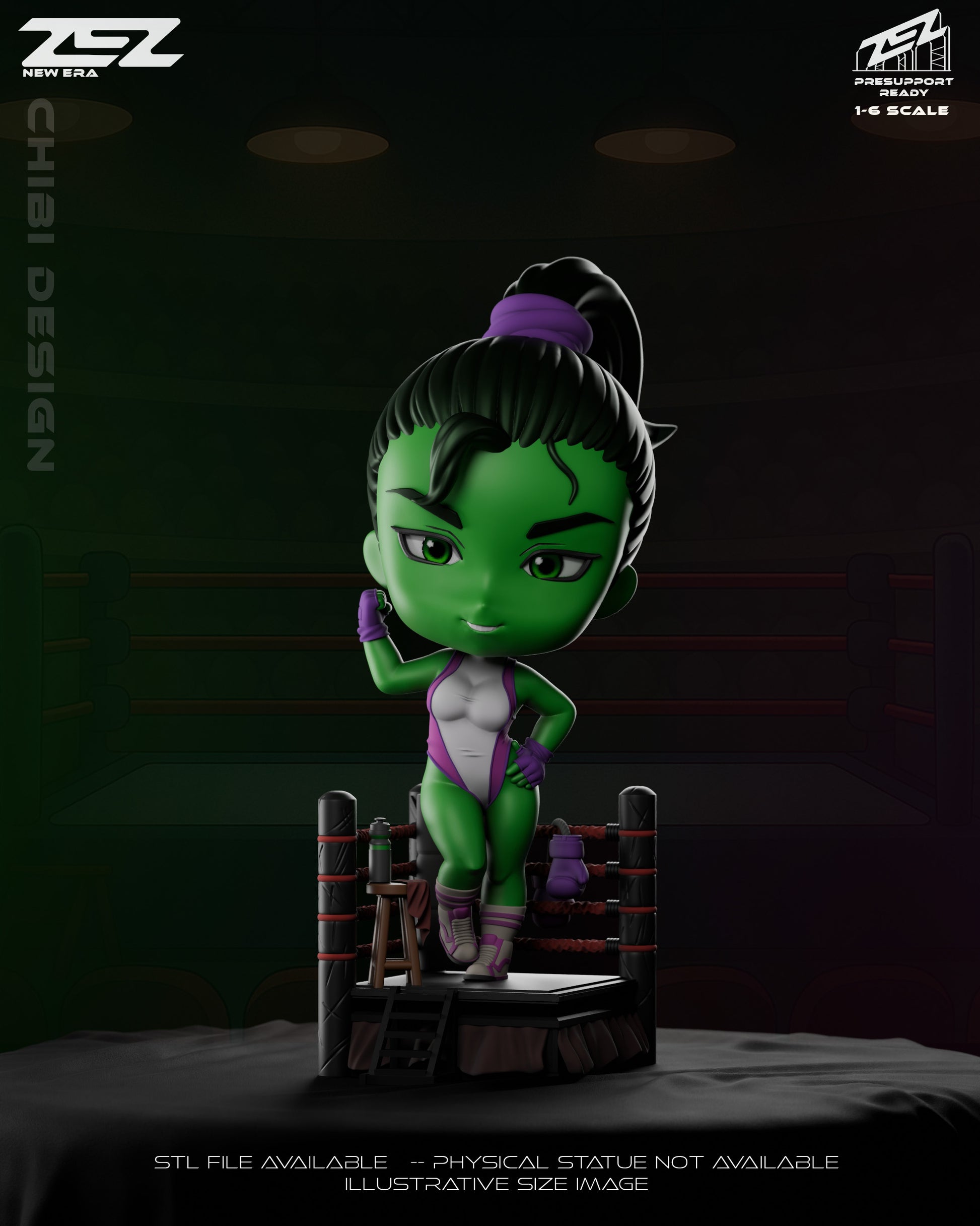 Front view of Chibi She-Hulk standing in a boxing ring with one hand on her hip and the other raised in a flexing pose, wearing a purple and white bodysuit.