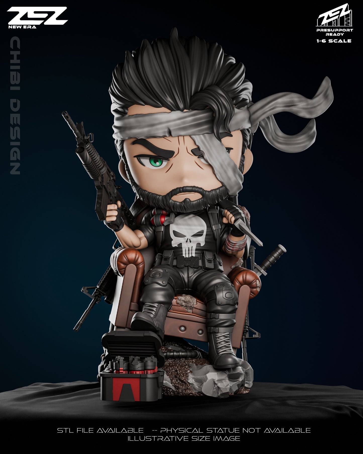 Chibi Punisher collectible figure seated in a battle-damaged chair holding a rifle and knife, wearing tactical armor, skull emblem shirt, and headband with ammo crate on the base.