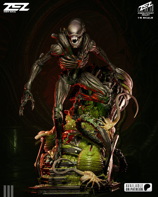 Full 1:6 scale Xenomorph statue posed atop an alien hive base with facehuggers, detailed with biomechanical exoskeleton and open jaws.