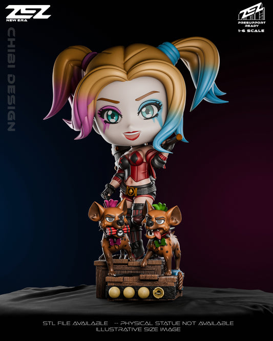 Chibi Harley Quinn full body statue with oversized head, red and black outfit, and hyenas