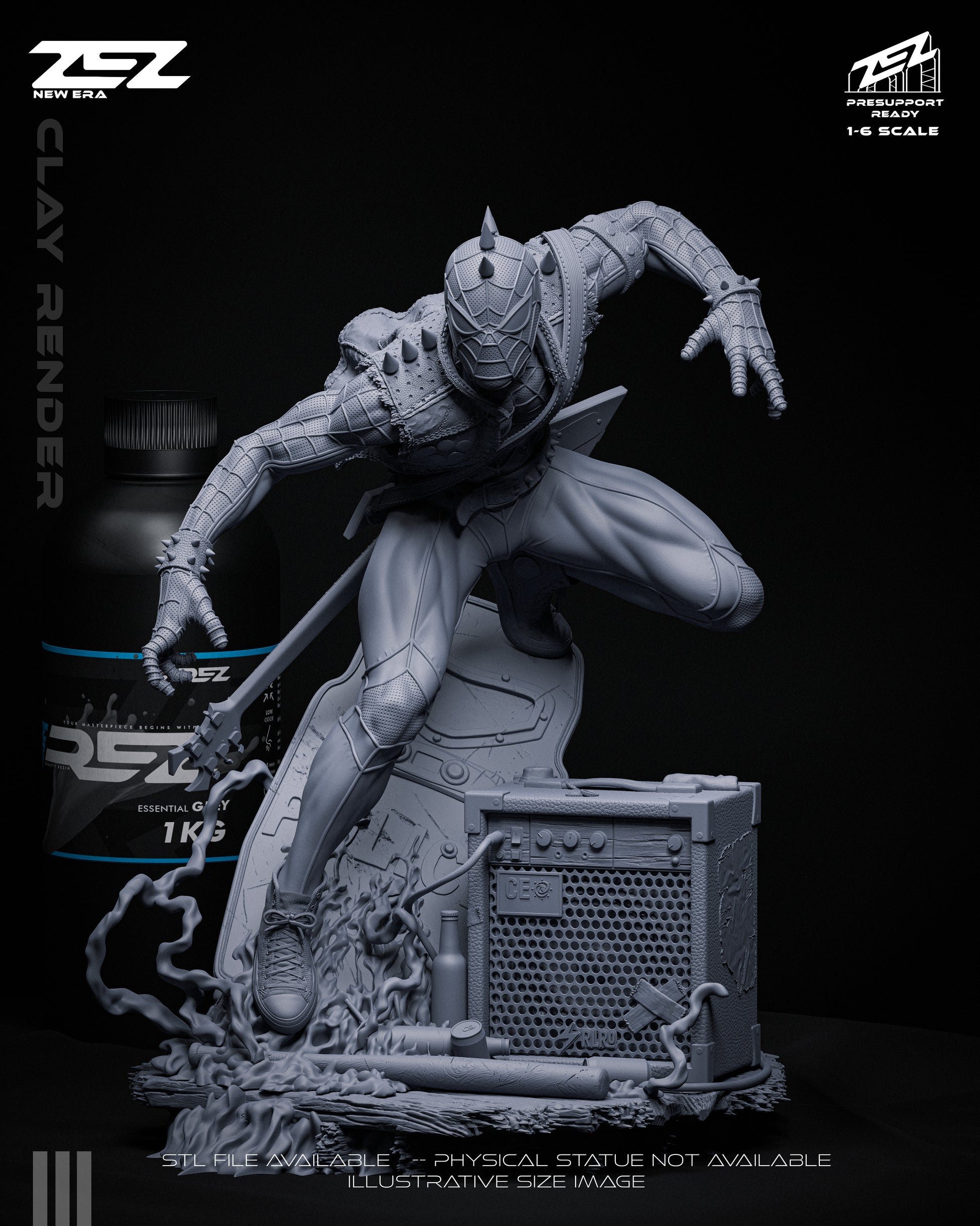 Spider-Punk unpainted collectible statue showing spiked mask, layered punk outfit, guitar strap, amplifier base, and forward lunging pose