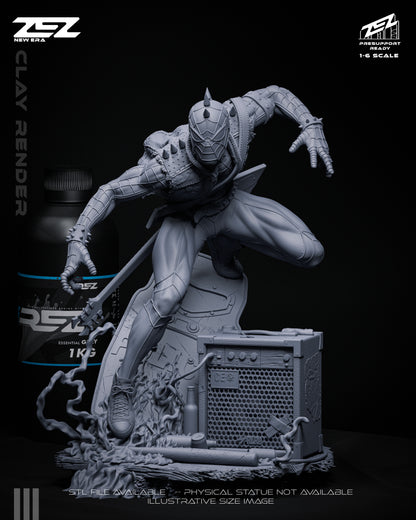 Spider-Punk unpainted collectible statue showing spiked mask, layered punk outfit, guitar strap, amplifier base, and forward lunging pose