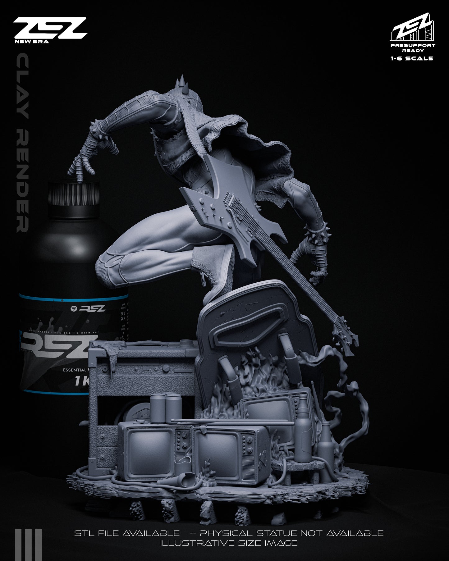 Spider-Punk unpainted Marvel collectible showing rear sculpt details including guitar back, jacket texture, cables, broken electronics, and environmental base elements
