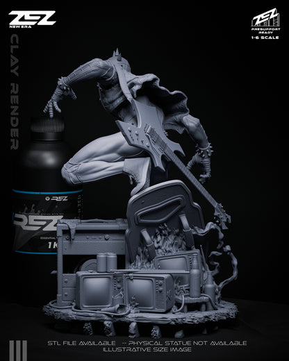 Spider-Punk unpainted Marvel collectible showing rear sculpt details including guitar back, jacket texture, cables, broken electronics, and environmental base elements
