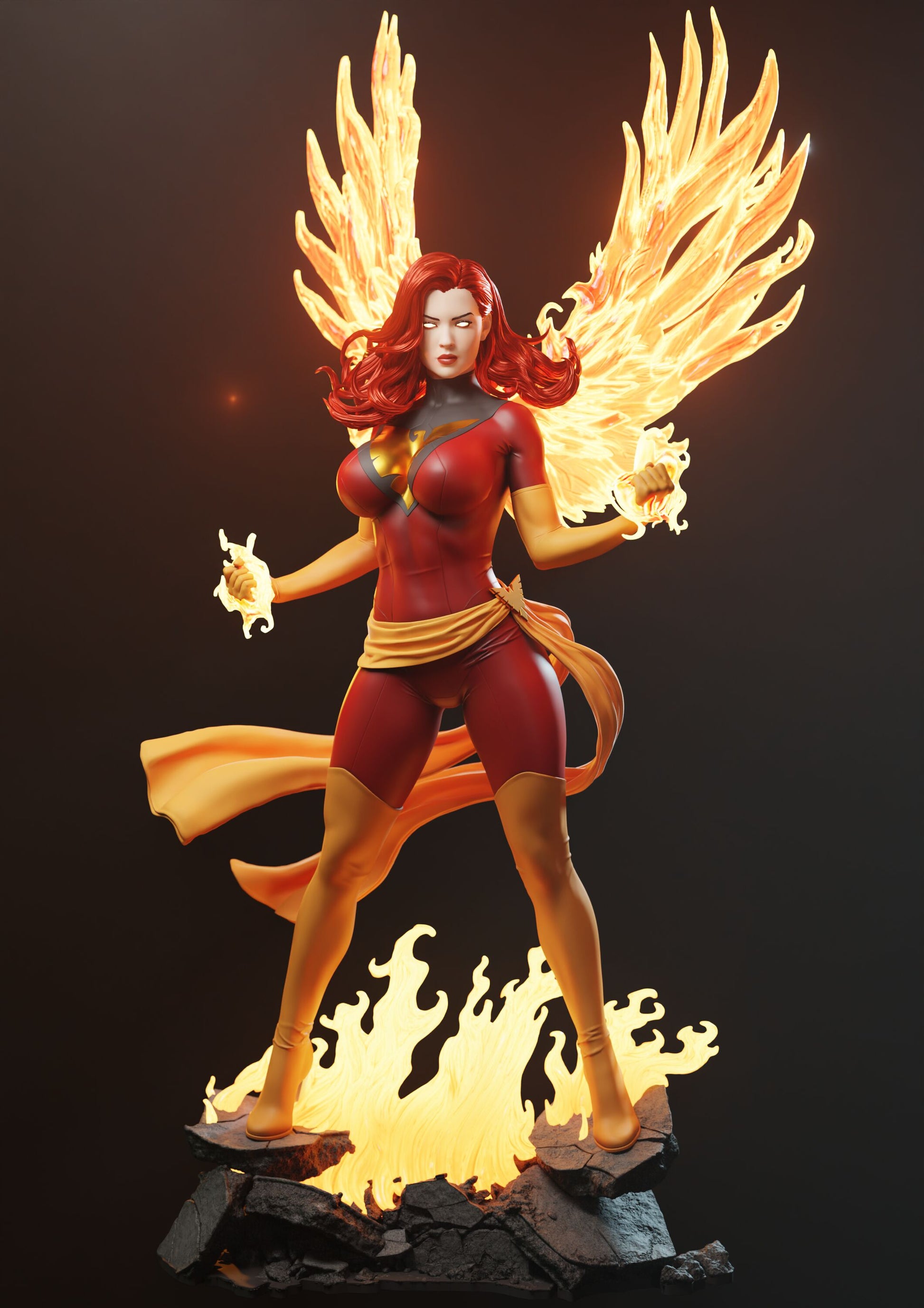 Dark Phoenix 1:4 scale collectible figure full body front view, Phoenix Force flames and winged energy effects
