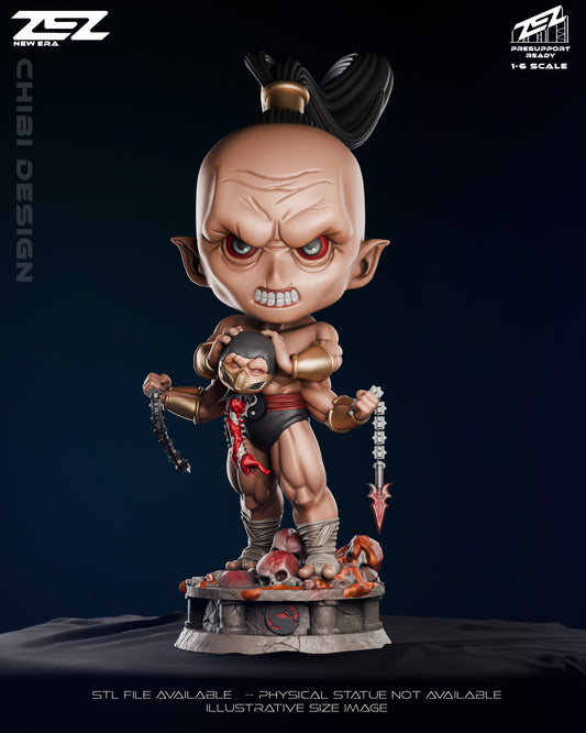 Chibi Goro collectible figure front view holding chains with a miniature fighter head and skull-covered base.