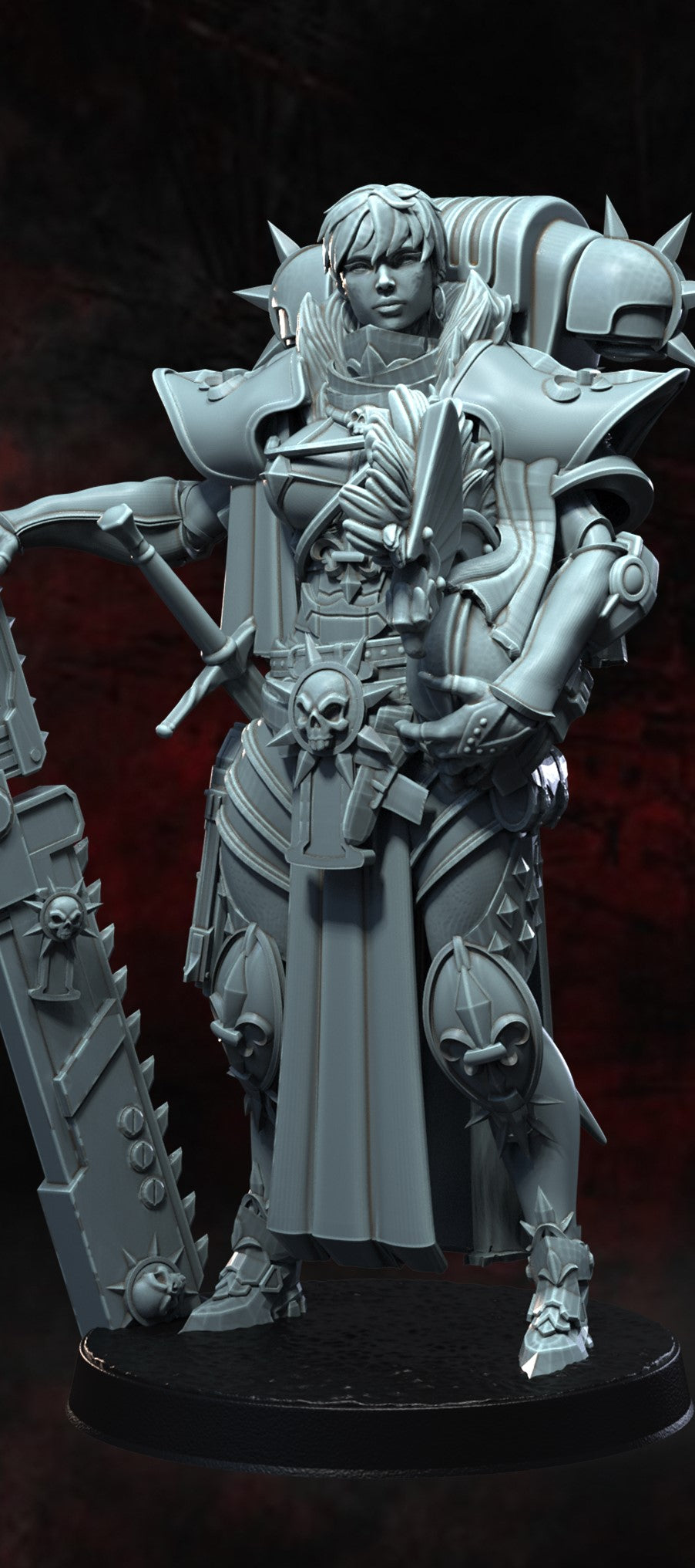 Decima, the Flamebearer, a warrior clad in ornate power armor, wielding a massive chainsword, depicted in a detailed miniature for dark fantasy and sci-fi tabletop RPGs.