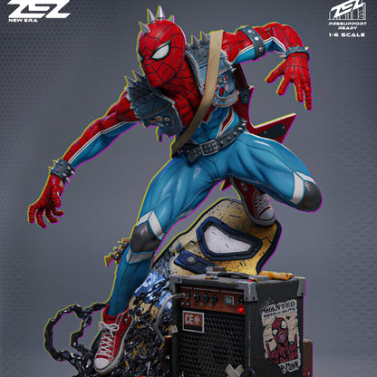 Spider-Punk Marvel Comics collectible figure with punk-inspired Spider-Man suit, electric guitar weapon, amplifier base, street junk elements, and mid-air combat stance