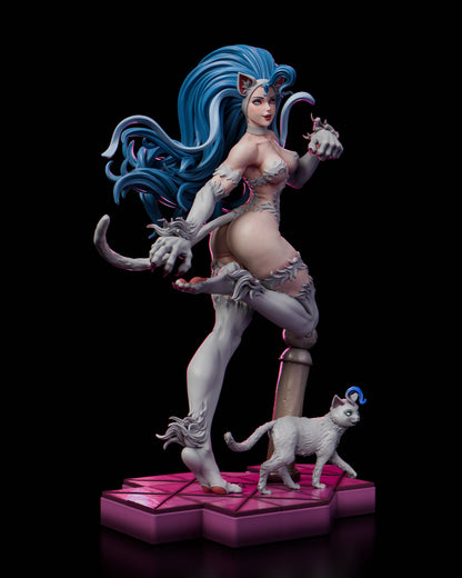 Felicia Darkstalkers full body collectible figure front view, feline female character in dynamic pose with tail and base