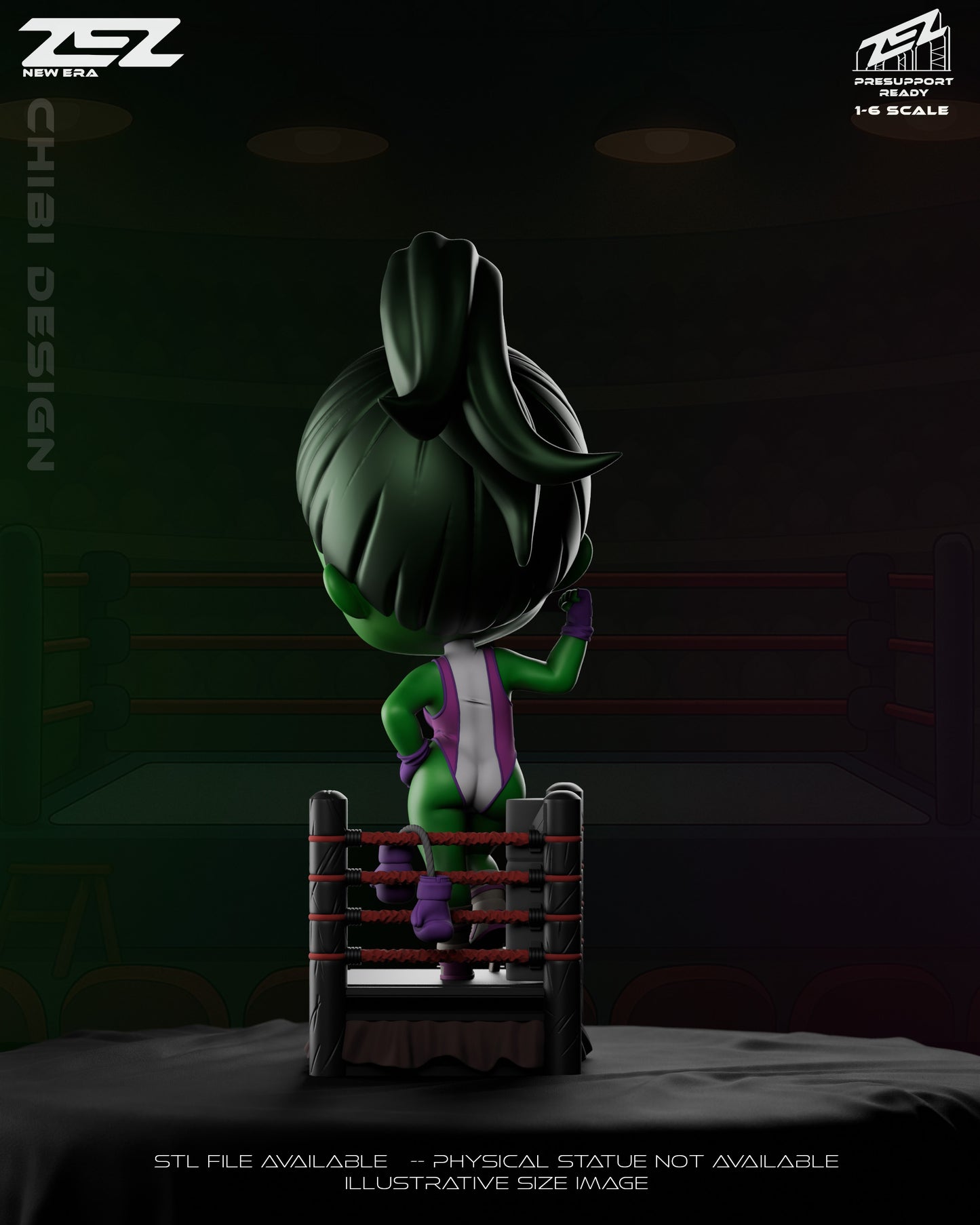 Rear view of Chibi She-Hulk inside the ring, showing her ponytail and gloves hanging on the ropes.